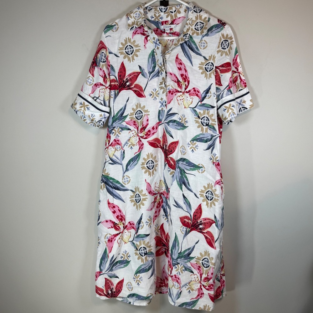 Chico's Linen Dress Women 8 M White Pink Tropical Floral Dress Coastal Vacation
